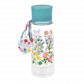 Plastic water bottle with blue lid wild flower pattern