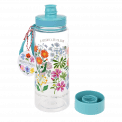 Plastic water bottle with blue lid unscrewed floral pattern 
