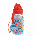 Medium size plastic water bottle for kids with red lid and carry loop handle featuring butterflies amongst flowers