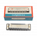 Metal and plastic harmonica and box
