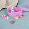 Assorted colourful rings with animal, mermaid, flower, and fruit designs