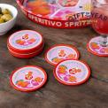 Four round coaster with Italian Aperitivo Spritz design in a storage tin