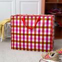 Large storage bag with a red, pink, and white gingham pattern and red handles.