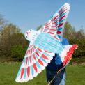 Colourful kite is shaped like a bird, with an impressive wingspan and long, flowing ribbon tails.