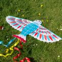 Colourful kite is shaped like a bird, with an impressive wingspan and long, flowing ribbon tails.