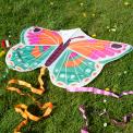 A giant kite, Featuring a vibrant butterfly design with colourful wings and long flowing ribbon tails
