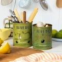 Two green olive oil storage tins, featuring illustrated trees and olives.
