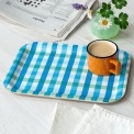 Wooden tray with blue gingham design, shown with a mug