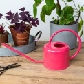 Vibrant pink metal watering can with curved handle and long spout.