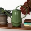 Dark green ribbed metal watering can with handle and long spout