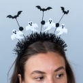 Halloween headband with black tinsel, ghost decorations and bats.