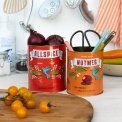 Set of two retro-style storage tins with allspice and nutmeg spice label designs