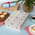 Rectangular storage tin decorated with Christmas tree, baubles, wreaths and candy canes.