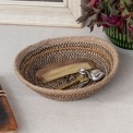 Conical jute bowl in natural, black and brown.