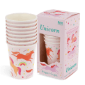 Pack of eight pink paper cups with colourful unicorn and rainbow design placed beside the packaging