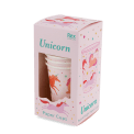 Pack of eight pink paper cups with colourful unicorn and rainbow design in packaging