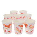 Pack of eight pink paper cups with colourful unicorn and rainbow design.