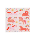 Pack of unicorn-themed paper napkins with colourful unicorns, rainbows, stars, and suns on a light background.