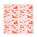 Pack of unicorn-themed paper napkins with colourful unicorns, rainbows, stars, and suns on a light background.