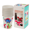 Pack of eight paper cups with colourful baby dinosaur design placed beside packaging box.
