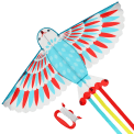 Colorful bird-shaped kite with long tail ribbons, and a red handle with string