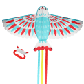 Colorful bird-shaped kite with long tail ribbons, and a red handle with string