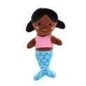 Mini mermaid soft toy with black hair, pink top, and blue tail with scale pattern