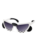 sunglasses with white snow leopard design, black spots, and dark lenses