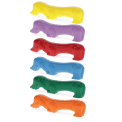 Set of six sausage dog-shaped crayons in yellow, purple, red, blue, green, and orange.