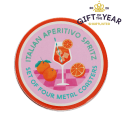 Four round coaster with Italian Aperitivo Spritz design in a storage tin