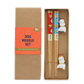 Dog-themed chopsticks set with two ceramic rests in a gift box.