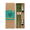 Green bamboo-themed chopsticks set with two panda ceramic rests in a gift box.