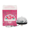 USB‑C plug‑in disco light with a faceted dome and keychain and a packaging box beside it.