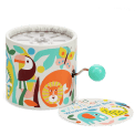 Wild wonders‑themed winding music box with illustrated lion, zebra animals design with tag.
