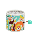 Wild wonders‑themed winding music box with illustrated lion, zebra animals design.