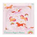 Pack of eight unicorn paper plates with colourful unicorn and rainbow design.