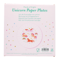 Back of unicorn paper plates packaging displayed colourful unicorn and rainbow design with barcode.
