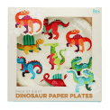 Pack of eight dinosaur paper plates with colourful dinosaur illustrations.