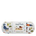 Glasses case with playful illustrated dogs and trees on a light background.