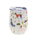 Travel cup decorated with colourful illustrations of playful dogs.