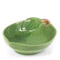 Green ceramic bowl with textured surface and a leaf design near the rim with brown stem accent