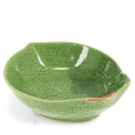 Green ceramic bowl with textured surface and a leaf design near the rim with brown stem accent