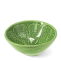 Green ceramic bowl with textured lime-like pattern and glossy finish.