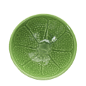 Green ceramic bowl with textured lime-like pattern and glossy finish.