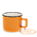 Espresso mug in orange with tag.