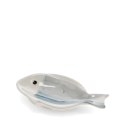 Blue and white ceramic fish‑shaped trinket dish.