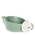 Green stoneware lemon squeezer with handle, spout and an attached product tag.