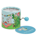 Garden‑themed winding music box with illustrated mice, flowers, and plants, featuring a blue turning handle with tag.