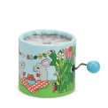 Garden‑themed winding music box with illustrated mice, flowers, and plants, featuring a blue turning handle.