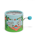 Garden‑themed winding music box with illustrated mice, flowers, and plants, featuring a blue turning handle.